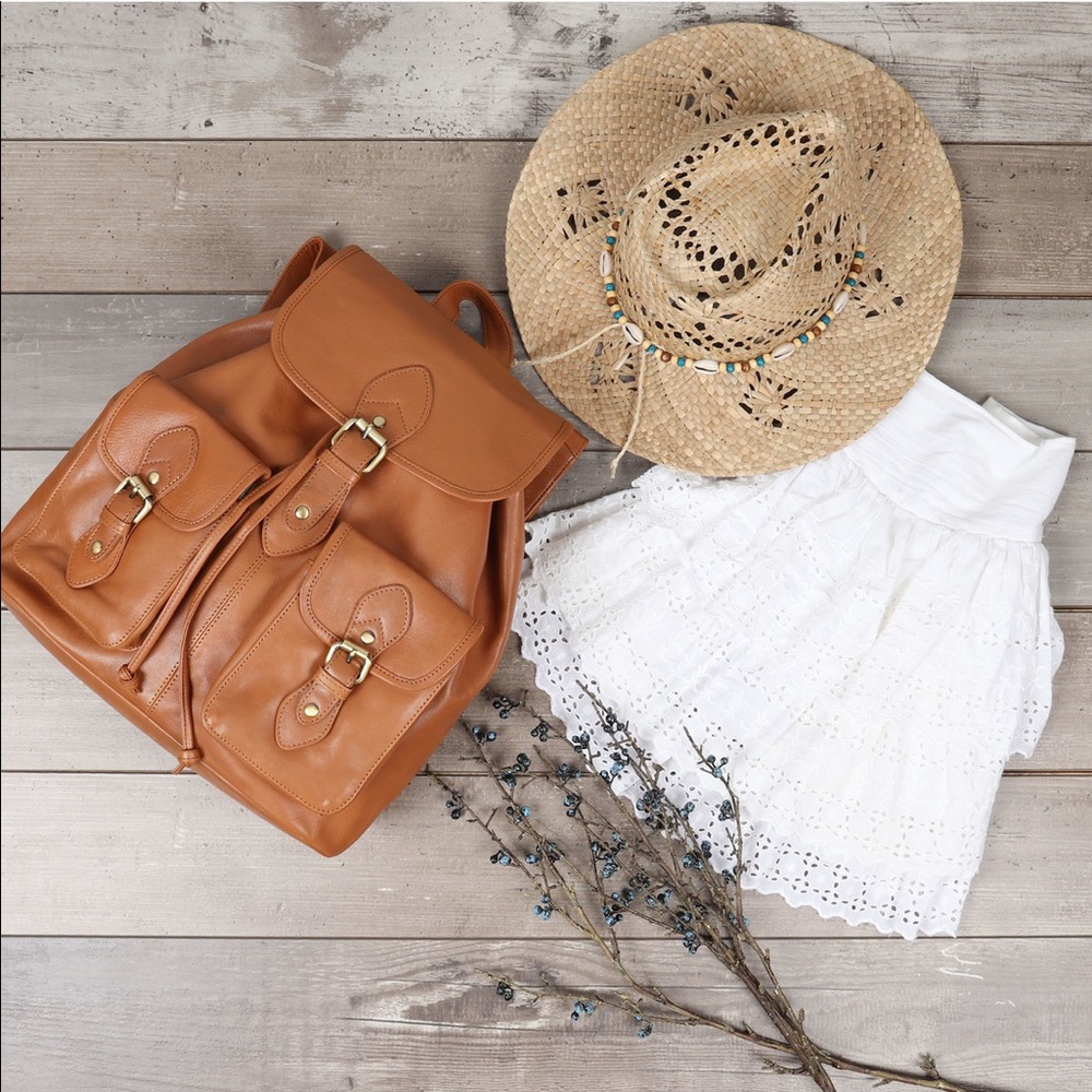 Nina Leather Pocket Backpack in Caramel Tan - Picture 2 of 8